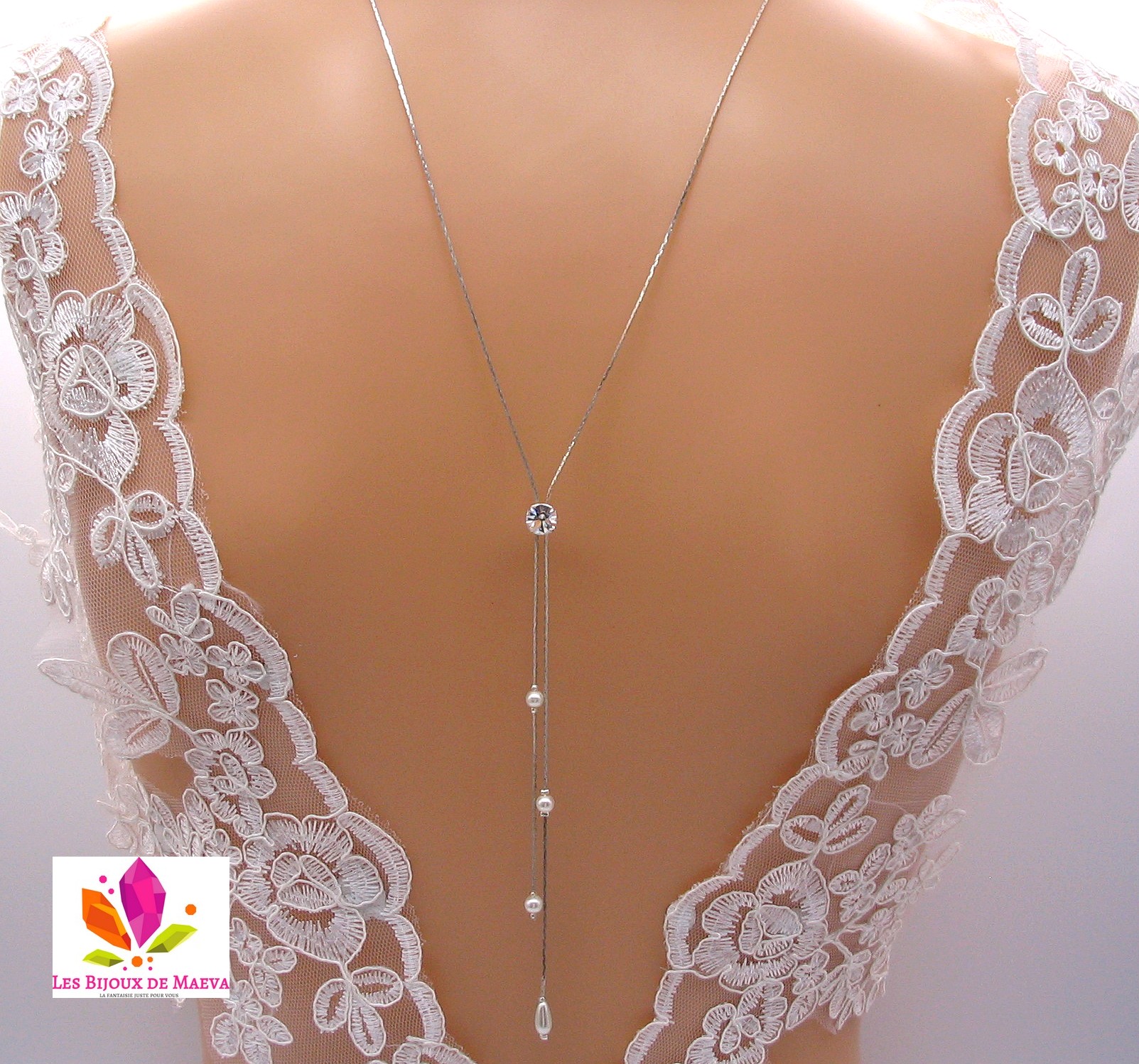 Bijoux mariage strass collier de dos perles et strass