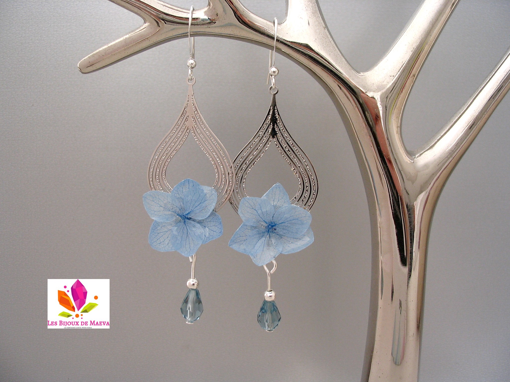 Boucles d'oreilles fleurs hortensia bleue goutte argentée