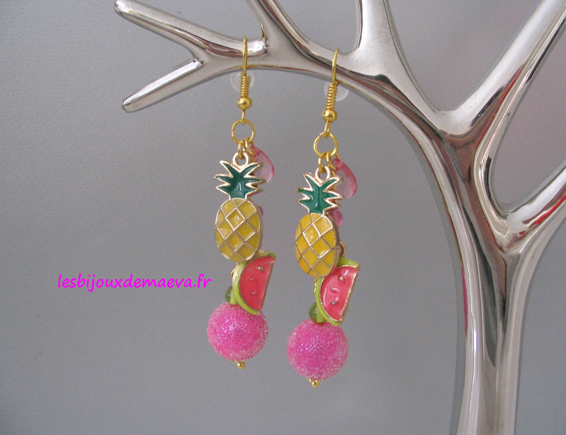 Boucles d'oreilles fantaisies rose jaune Ananas