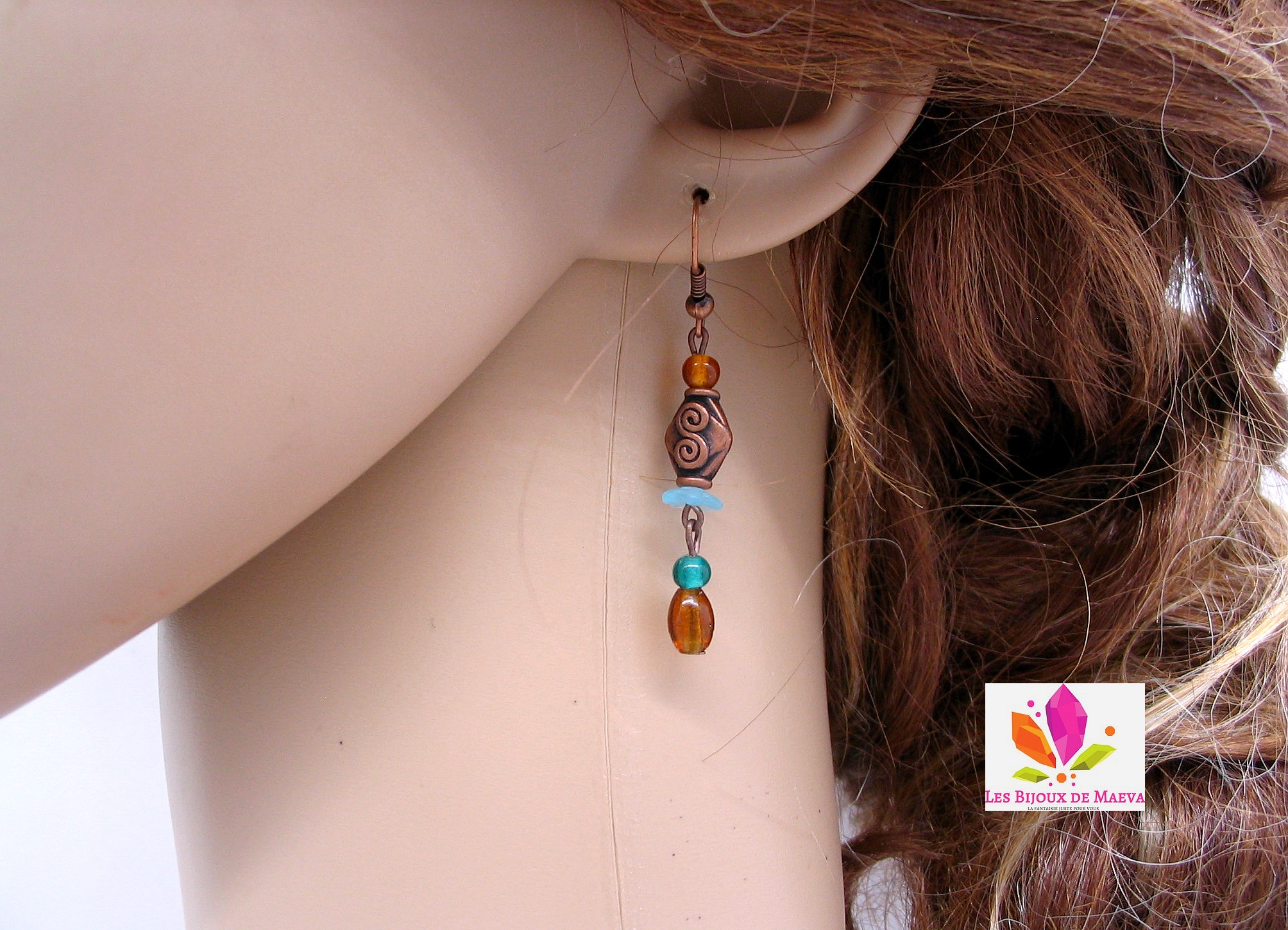 Boucles d'oreilles fantaisies turquoise et marron Incas