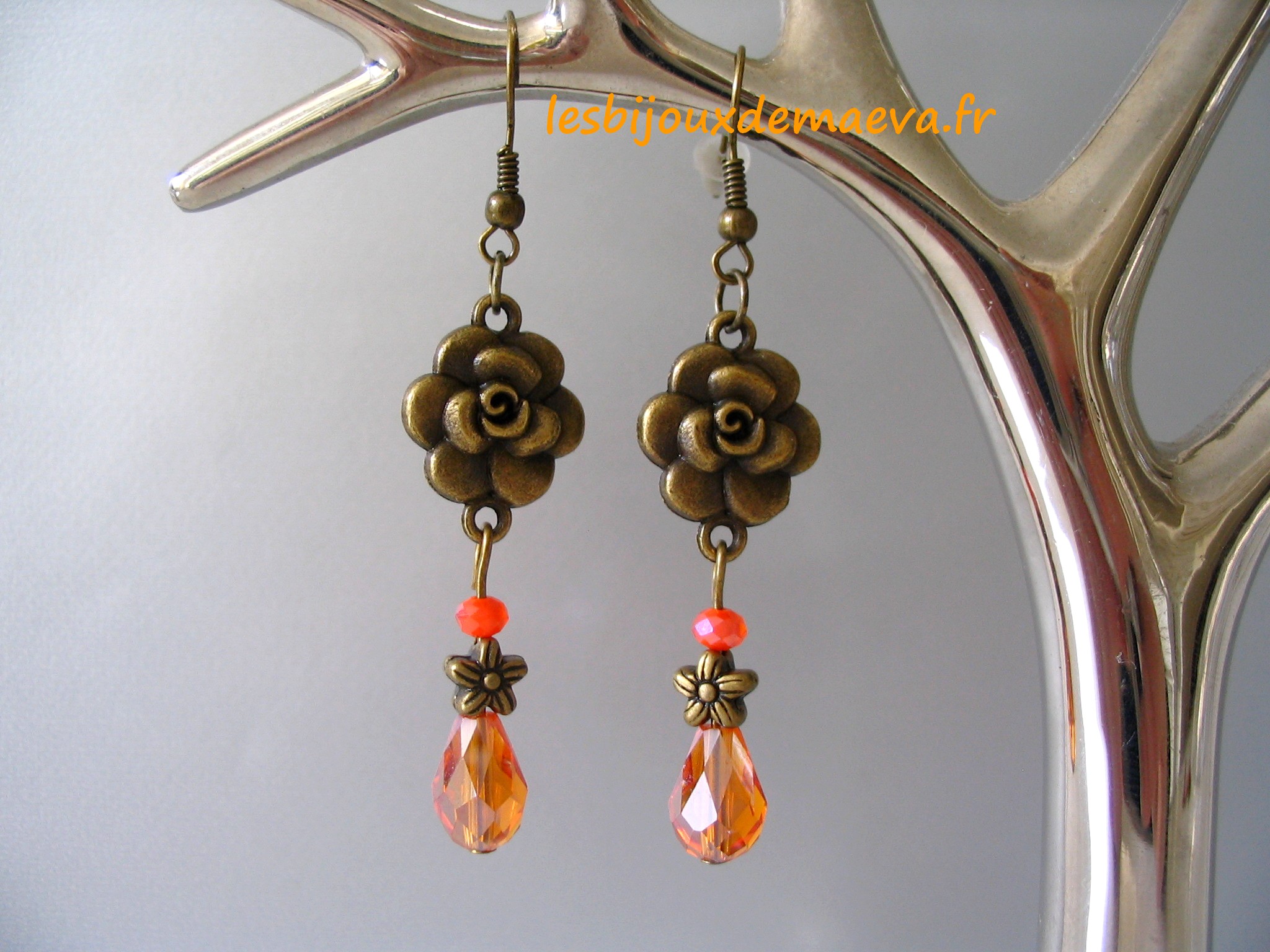 Boucles d'oreilles fantaisie orange Fleurs bronze